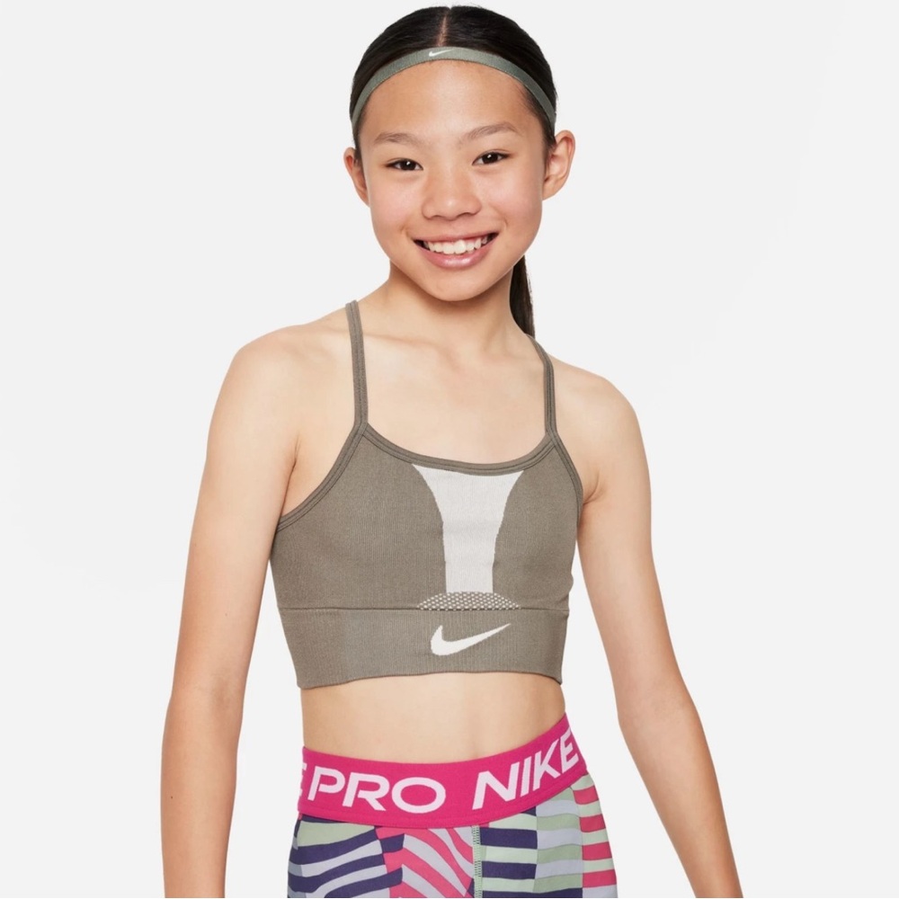 NEW Nike Girls Dri-FIT Indy Sports Bra Olive Size Medium Sweat Wicking Training